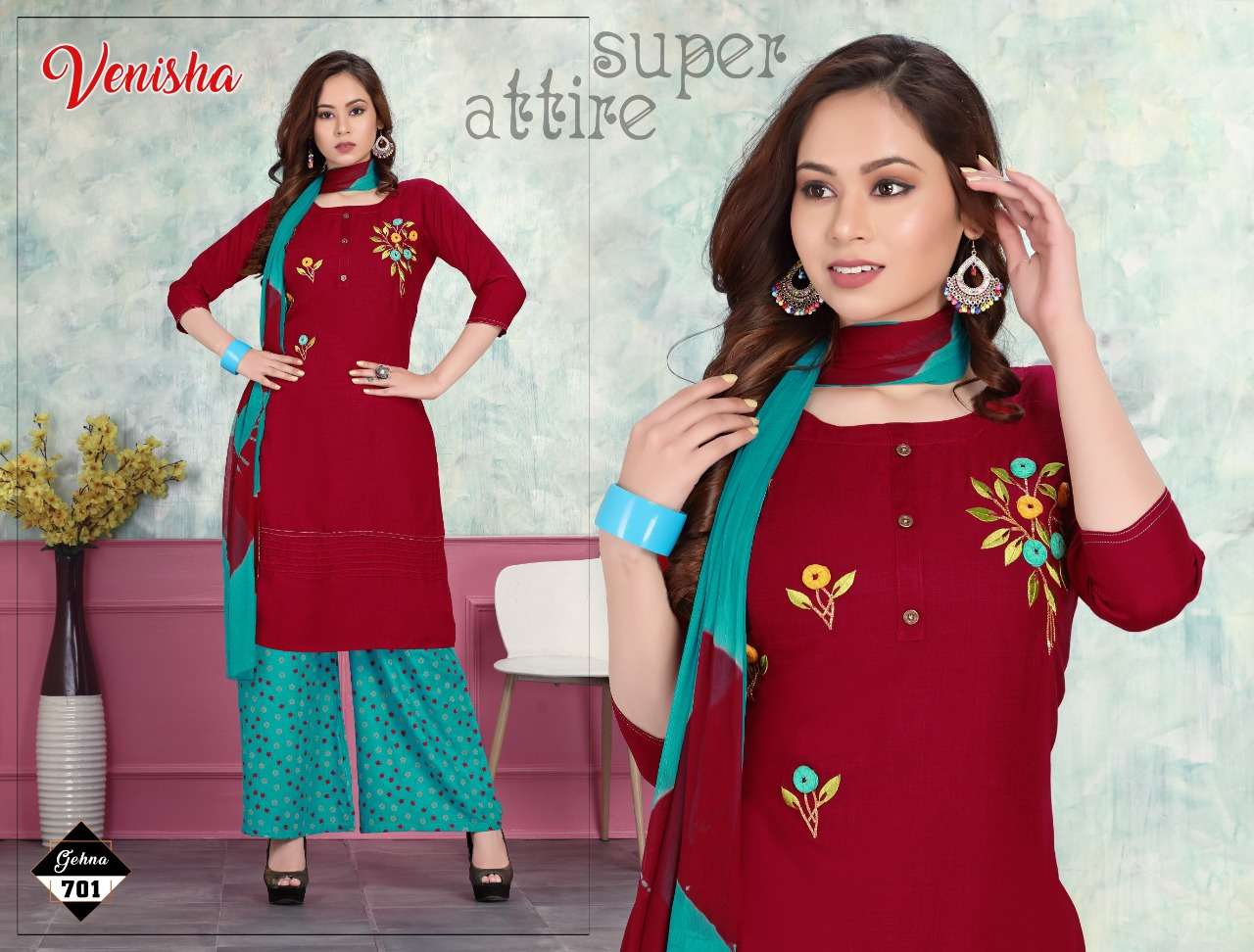 GEHNA BY VENISHA 701 TO 706 SERIES BEAUTIFUL SUITS COLORFUL STYLISH FANCY CASUAL WEAR & ETHNIC WEAR RAYON EMBROIDERED DRESSES AT WHOLESALE PRICE