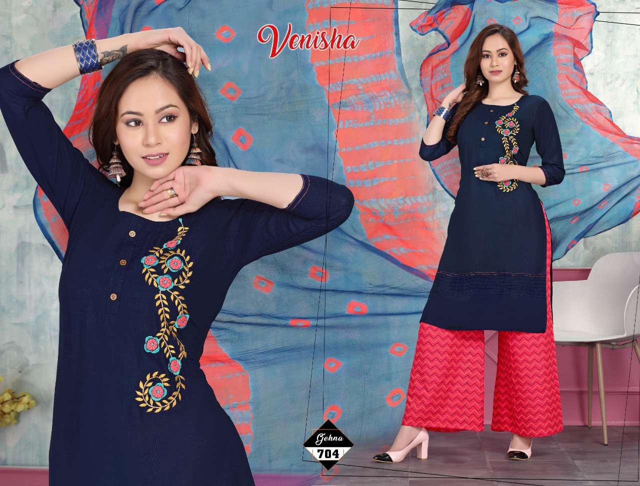 GEHNA BY VENISHA 701 TO 706 SERIES BEAUTIFUL SUITS COLORFUL STYLISH FANCY CASUAL WEAR & ETHNIC WEAR RAYON EMBROIDERED DRESSES AT WHOLESALE PRICE