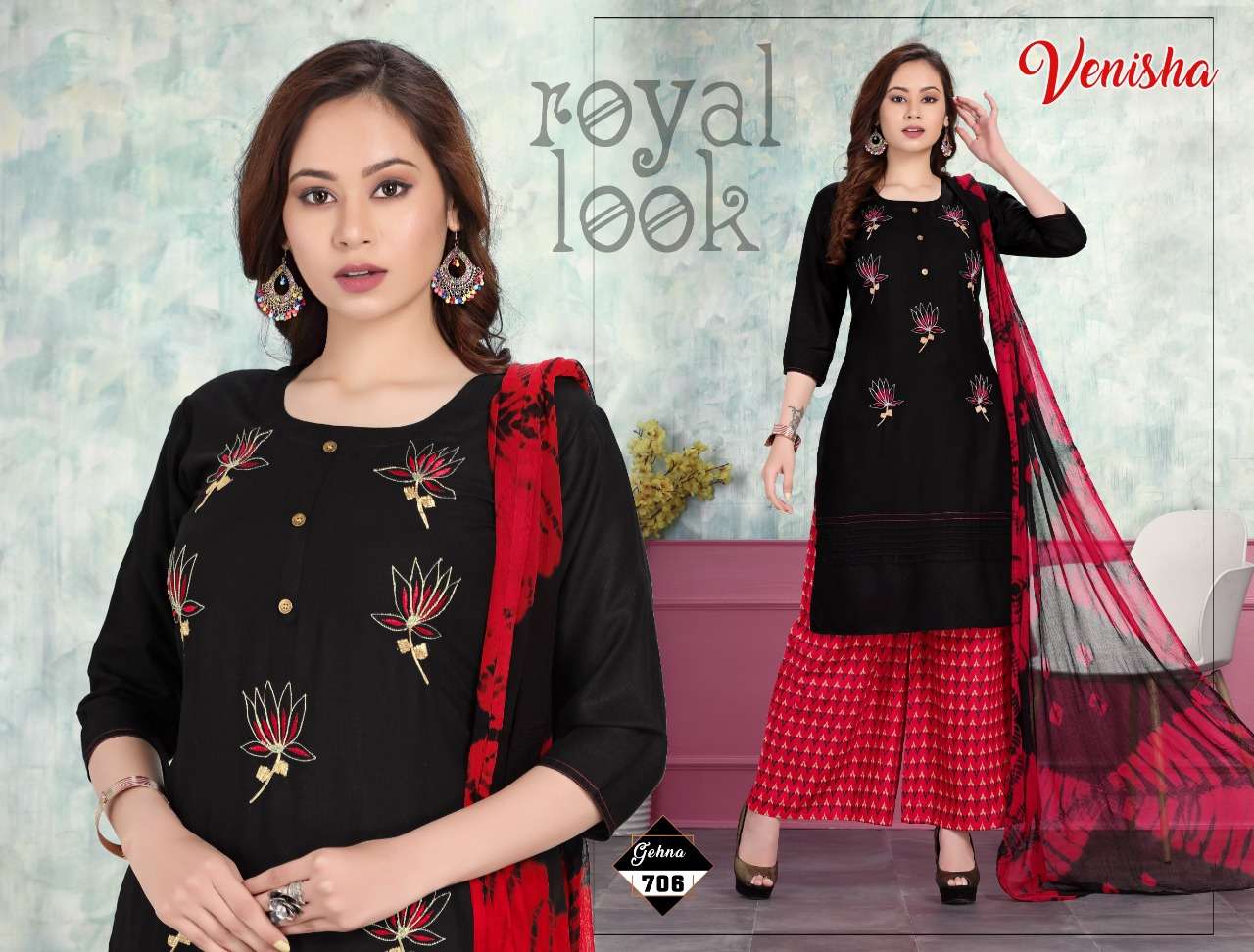 GEHNA BY VENISHA 701 TO 706 SERIES BEAUTIFUL SUITS COLORFUL STYLISH FANCY CASUAL WEAR & ETHNIC WEAR RAYON EMBROIDERED DRESSES AT WHOLESALE PRICE