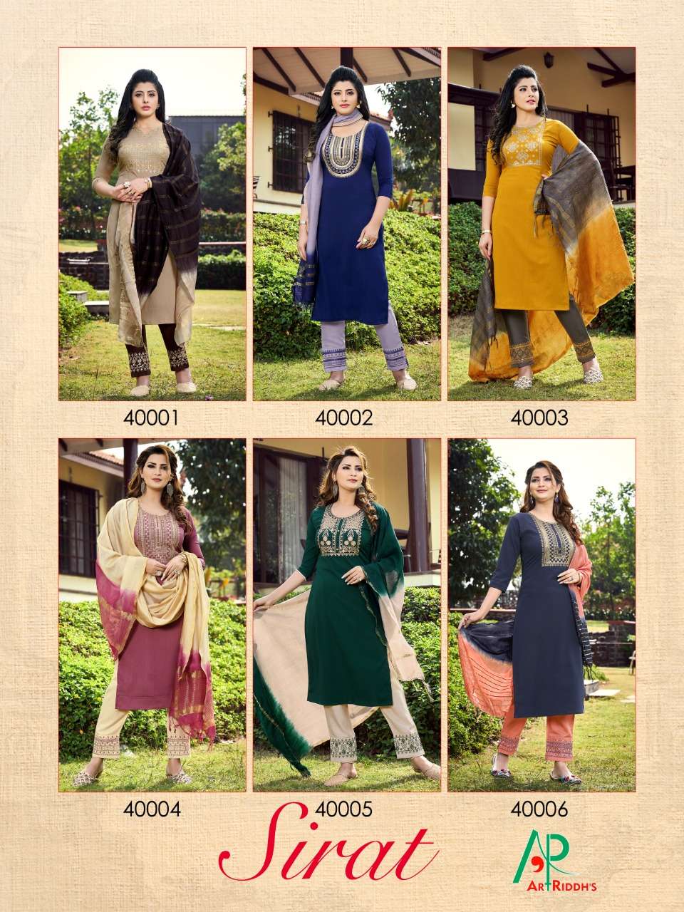 SIRAT BY ART RIDDHS 40001 TO 40006 SERIES DESIGNER SUITS BEAUTIFUL STYLISH FANCY COLORFUL PARTY WEAR & OCCASIONAL WEAR ITALIAN CRUSH EMBROIDERED DRESSES AT WHOLESALE PRICE