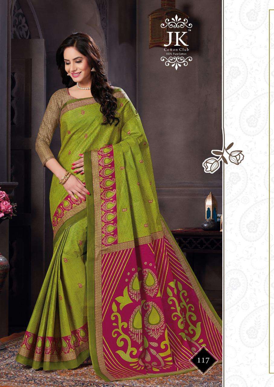 KESHAR PISTA VOL-1 BY JK COTTON CLUB 101 TO 120 SERIES INDIAN TRADITIONAL WEAR COLLECTION BEAUTIFUL STYLISH FANCY COLORFUL PARTY WEAR & OCCASIONAL WEAR PURE COTTON SAREES AT WHOLESALE PRICE