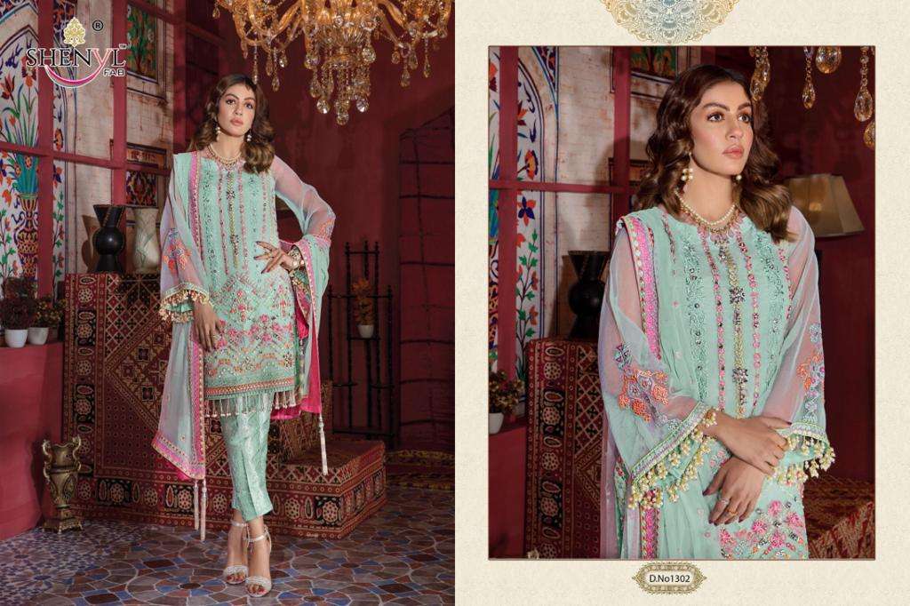 SHENYL HITS VOL-5 BY SHENYL FAB 1301 TO 1304 SERIES DESIGNER PAKISTANI SUITS BEAUTIFUL STYLISH FANCY COLORFUL PARTY WEAR & OCCASIONAL WEAR FAUX GEORGETTE EMBROIDERY DRESSES AT WHOLESALE PRICE