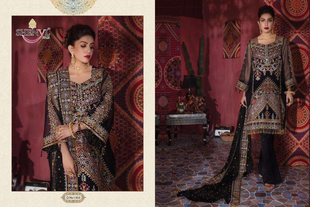SHENYL HITS VOL-5 BY SHENYL FAB 1301 TO 1304 SERIES DESIGNER PAKISTANI SUITS BEAUTIFUL STYLISH FANCY COLORFUL PARTY WEAR & OCCASIONAL WEAR FAUX GEORGETTE EMBROIDERY DRESSES AT WHOLESALE PRICE
