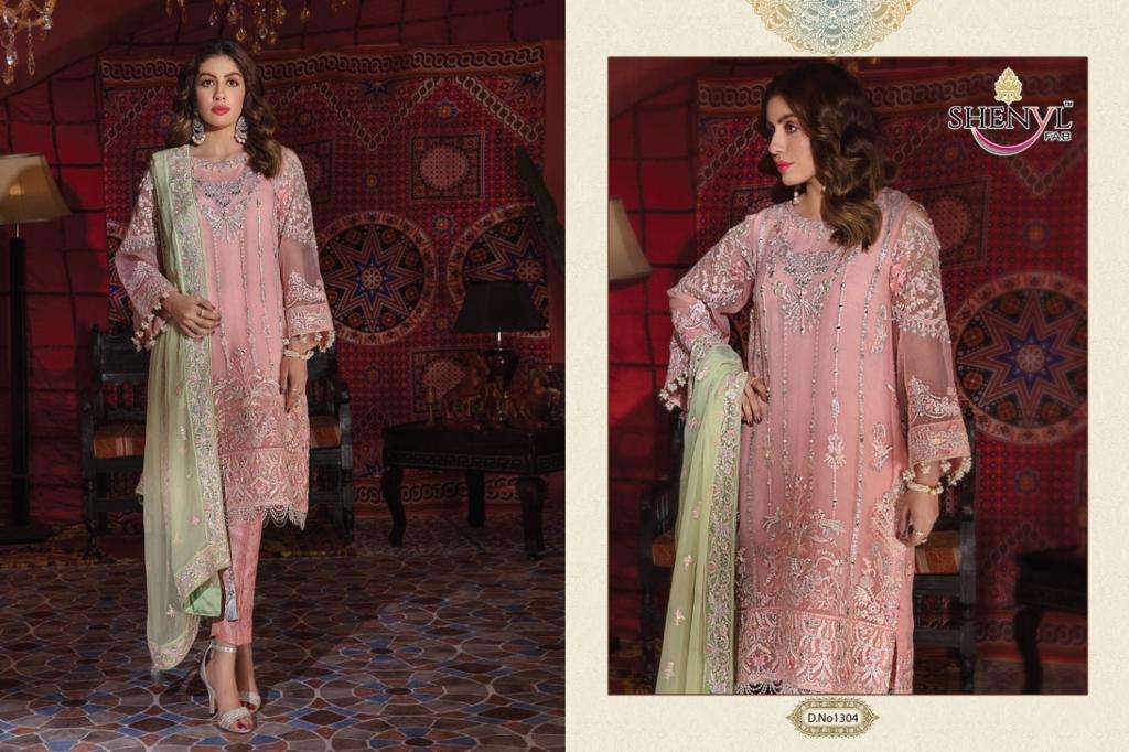 SHENYL HITS VOL-5 BY SHENYL FAB 1301 TO 1304 SERIES DESIGNER PAKISTANI SUITS BEAUTIFUL STYLISH FANCY COLORFUL PARTY WEAR & OCCASIONAL WEAR FAUX GEORGETTE EMBROIDERY DRESSES AT WHOLESALE PRICE