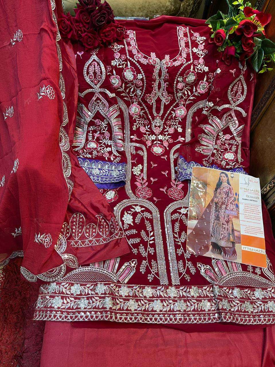 ITTEHAD HIT DESIGN 122 BY ELAAF PAKISTANI SUITS BEAUTIFUL FANCY COLORFUL STYLISH PARTY WEAR & OCCASIONAL WEAR HEAVY BLOOMING GEORGETTE EMBROIDERED DRESSES AT WHOLESALE PRICE