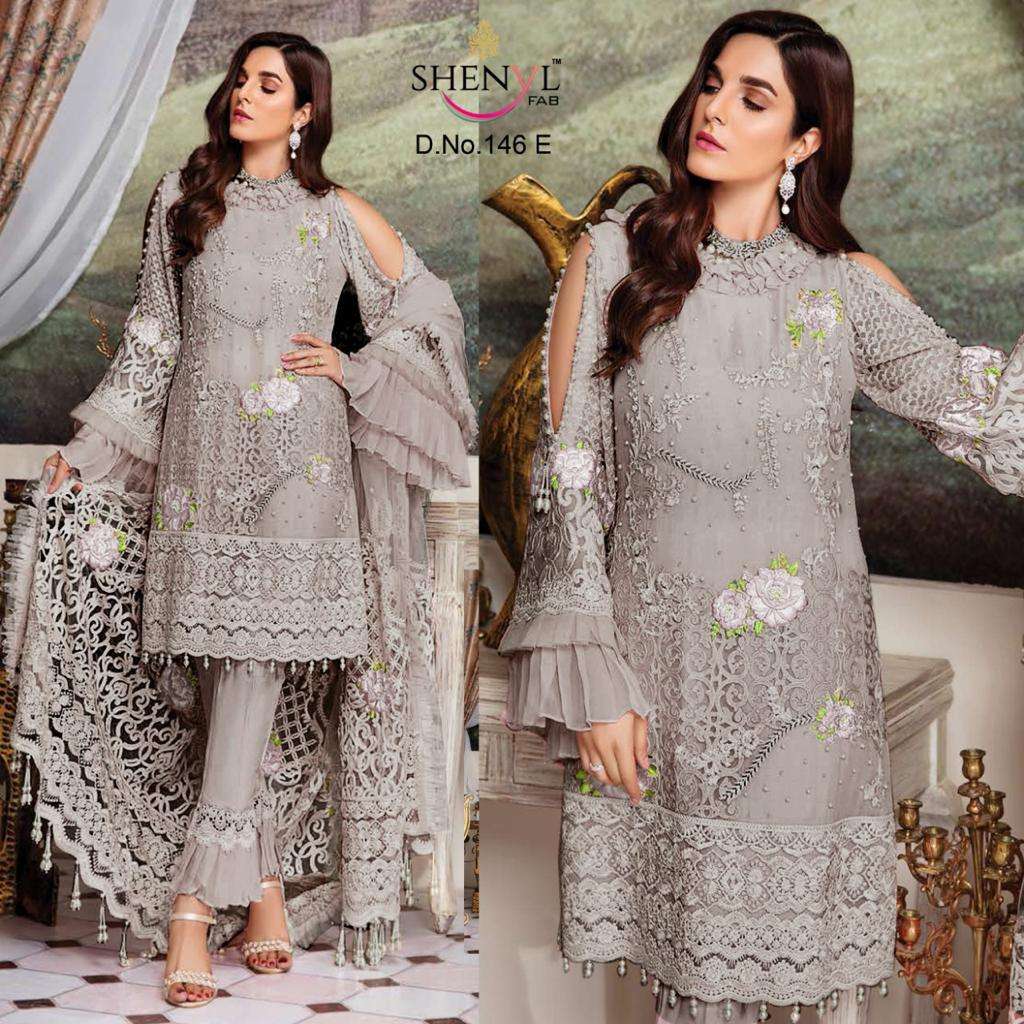 SHENYL 146 COLOURS BY SHENYL FABS 146-E TO 146-H DESIGNER PAKISTANI SUITS BEAUTIFUL STYLISH FANCY COLORFUL PARTY WEAR & OCCASIONAL WEAR FAUX GEORGETTE EMBROIDERY DRESSES AT WHOLESALE PRICE