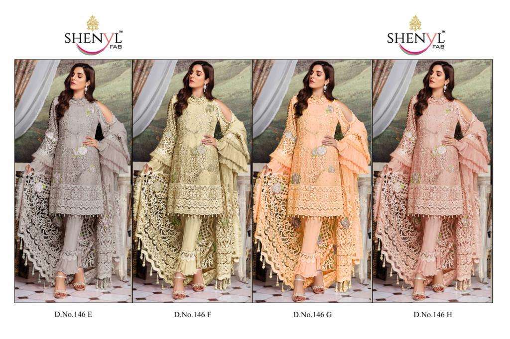 SHENYL 146 COLOURS BY SHENYL FABS 146-E TO 146-H DESIGNER PAKISTANI SUITS BEAUTIFUL STYLISH FANCY COLORFUL PARTY WEAR & OCCASIONAL WEAR FAUX GEORGETTE EMBROIDERY DRESSES AT WHOLESALE PRICE