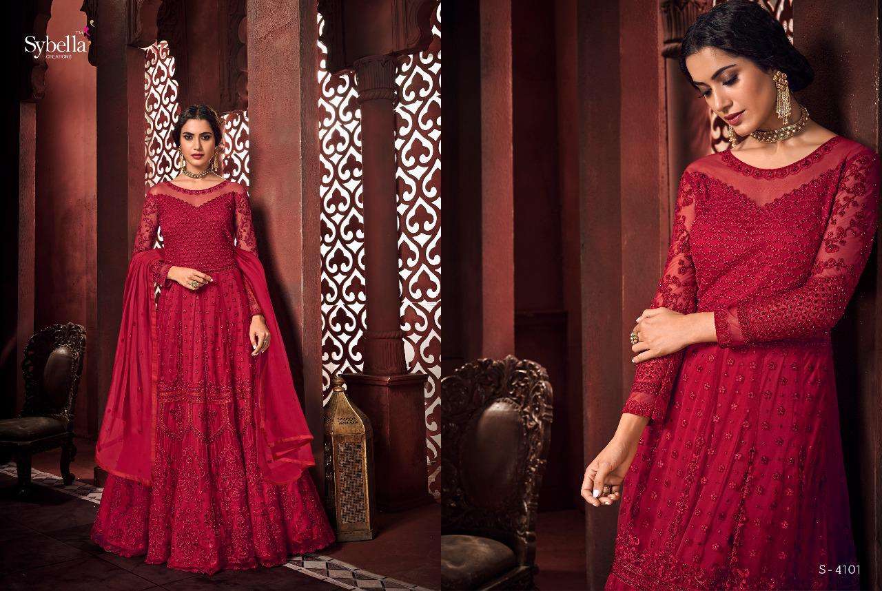 ROYALISM BY SYBELLA CREATION 4101 TO 4106 SERIES BEAUTIFUL STYLISH ANARKALI SUITS FANCY COLORFUL CASUAL WEAR & ETHNIC WEAR & READY TO WEAR HEAVY NET DRESSES AT WHOLESALE PRICE