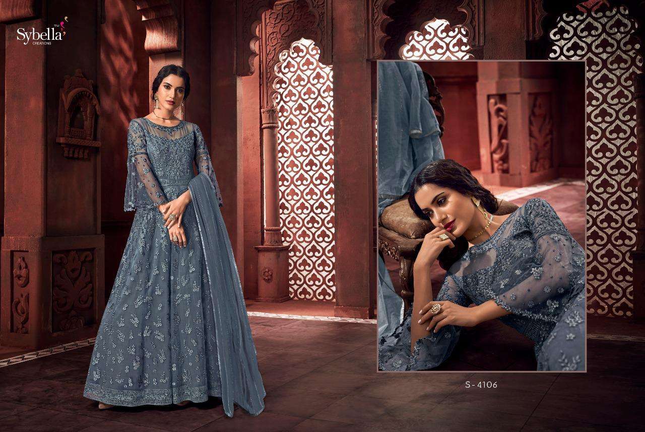 ROYALISM BY SYBELLA CREATION 4101 TO 4106 SERIES BEAUTIFUL STYLISH ANARKALI SUITS FANCY COLORFUL CASUAL WEAR & ETHNIC WEAR & READY TO WEAR HEAVY NET DRESSES AT WHOLESALE PRICE