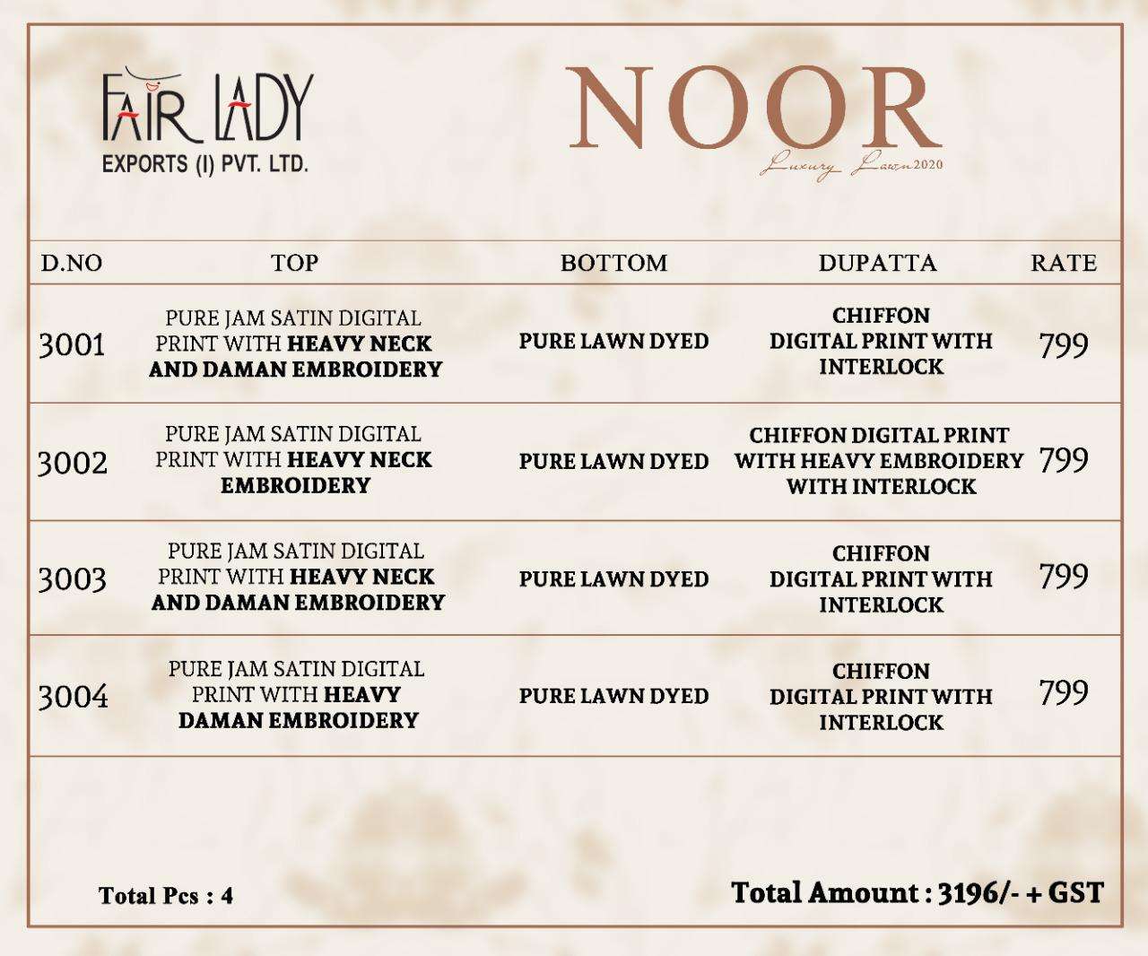 NOOR BY FAIR LADY 3001 TO 3004 SERIES PAKISTANI SUITS BEAUTIFUL FANCY COLORFUL STYLISH PARTY WEAR & OCCASIONAL WEAR PURE JAM SATIN DIGITAL PRINT WITH EMBROIDERY DRESSES AT WHOLESALE PRICE
