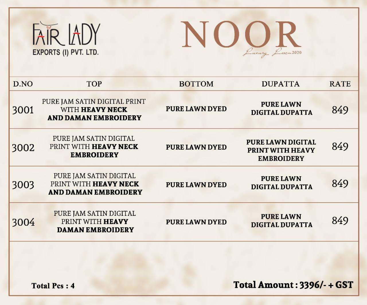 NOOR BY FAIR LADY 3001 TO 3004 SERIES PAKISTANI SUITS BEAUTIFUL FANCY COLORFUL STYLISH PARTY WEAR & OCCASIONAL WEAR PURE JAM SATIN DIGITAL PRINT WITH EMBROIDERY DRESSES AT WHOLESALE PRICE