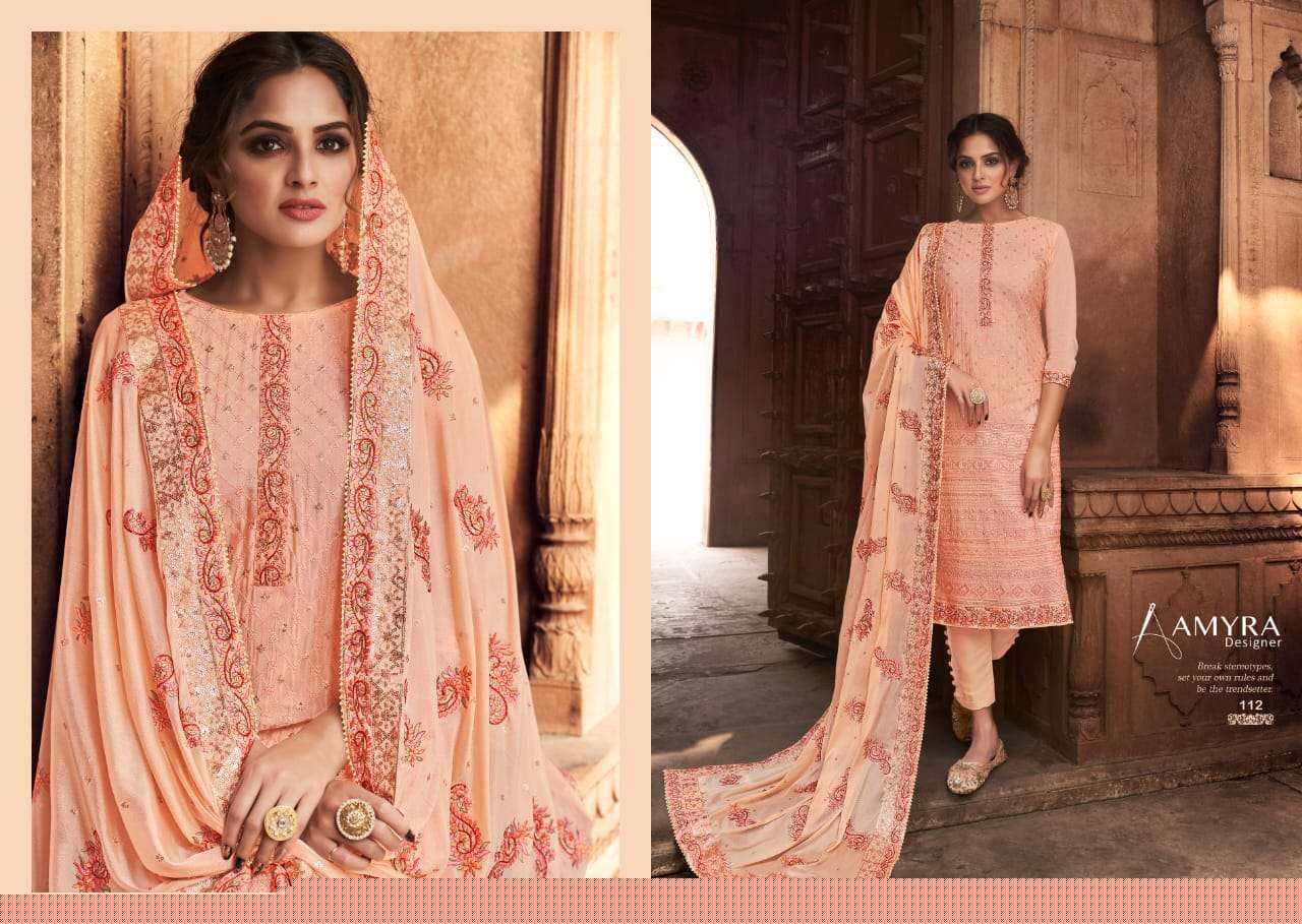 Nazrana Vol-3 By Amyra Designer 111 To 115 Series Beautiful Suits Colorful Stylish Fancy Casual Wear & Ethnic Wear Pure Viscose Chinnon Embroidered Dresses At Wholesale Price