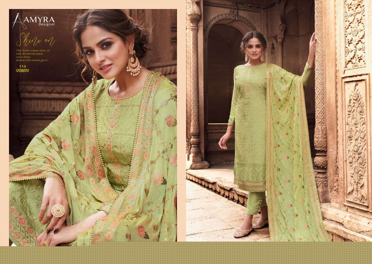 Nazrana Vol-3 By Amyra Designer 111 To 115 Series Beautiful Suits Colorful Stylish Fancy Casual Wear & Ethnic Wear Pure Viscose Chinnon Embroidered Dresses At Wholesale Price