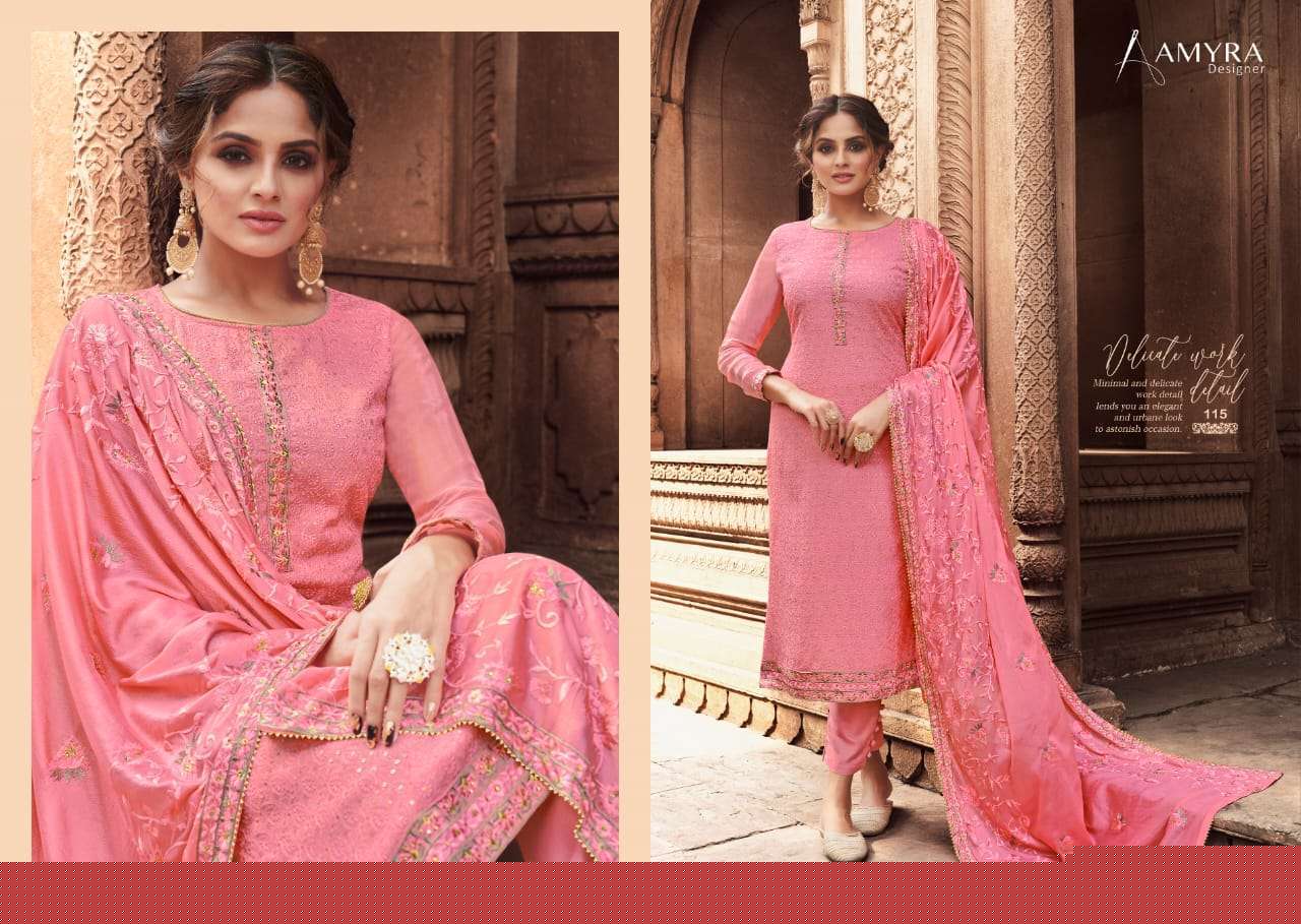 Nazrana Vol-3 By Amyra Designer 111 To 115 Series Beautiful Suits Colorful Stylish Fancy Casual Wear & Ethnic Wear Pure Viscose Chinnon Embroidered Dresses At Wholesale Price