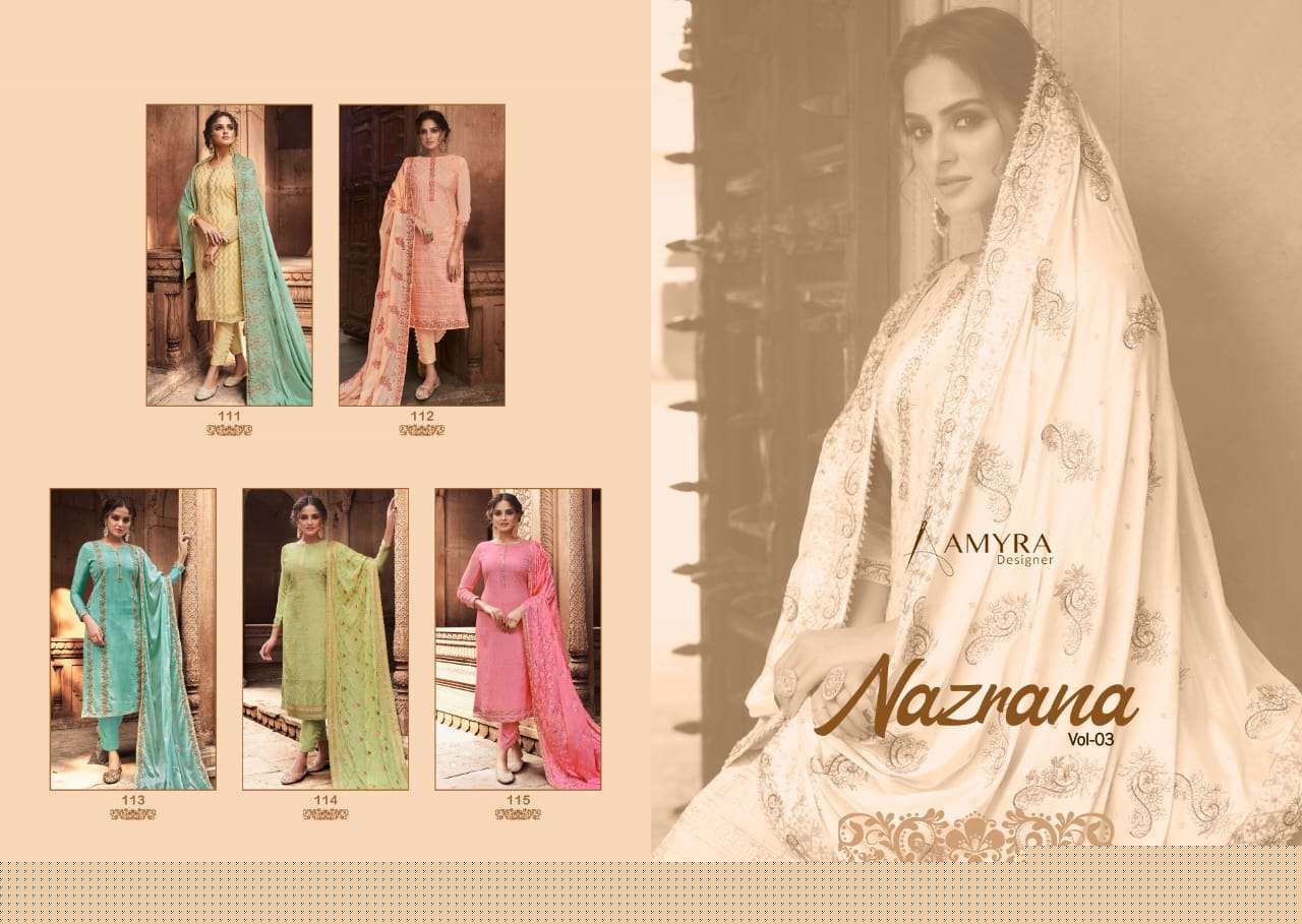 Nazrana Vol-3 By Amyra Designer 111 To 115 Series Beautiful Suits Colorful Stylish Fancy Casual Wear & Ethnic Wear Pure Viscose Chinnon Embroidered Dresses At Wholesale Price