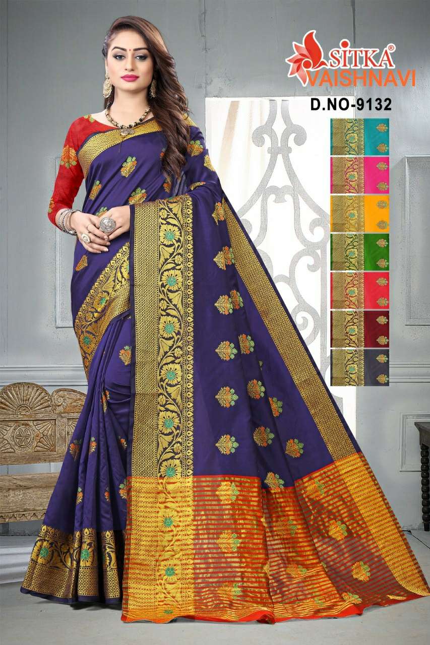 VAISHNAVI-9132 BY SITKA 9132-A TO 9132-H SERIES INDIAN TRADITIONAL WEAR COLLECTION BEAUTIFUL STYLISH FANCY COLORFUL PARTY WEAR & OCCASIONAL WEAR COTTON SILK SAREES AT WHOLESALE PRICE
