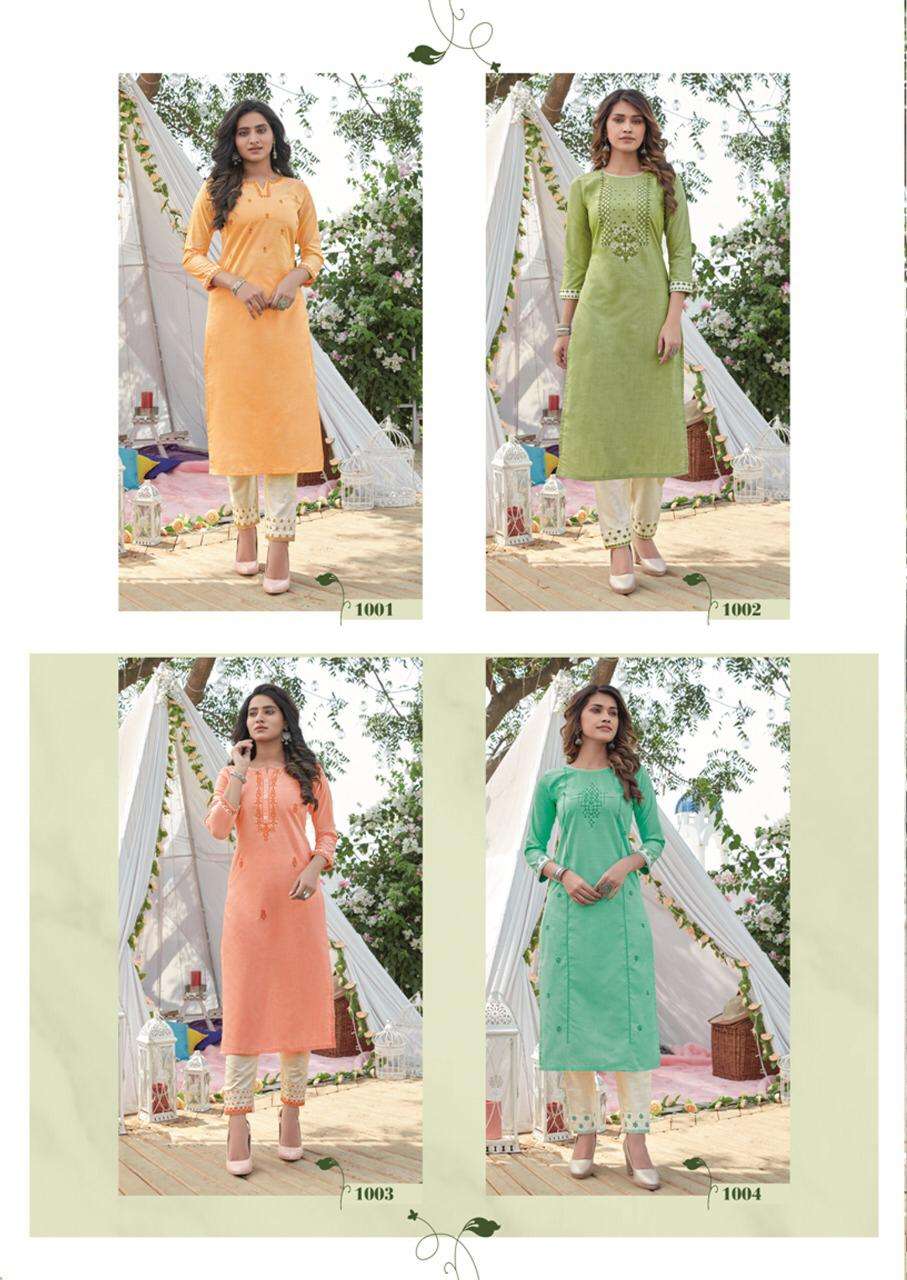 LYRA BY KRISHA EXPORTS 1001 TO 1004 SERIES STYLISH FANCY BEAUTIFUL COLORFUL CASUAL WEAR & ETHNIC WEAR COTTON EMBROIDERED KURTIS WITH BOTTOM AT WHOLESALE PRICE