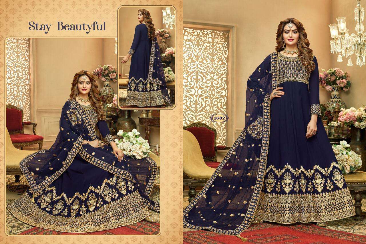 FLORENCE VOL-3 BY A.M. CREATION 1681 TO 1684 SERIES BEAUTIFUL STYLISH ANARKALI SUITS FANCY COLORFUL CASUAL WEAR & ETHNIC WEAR & READY TO WEAR FAUX GEORGETTE EMBROIDERED DRESSES AT WHOLESALE PRICE