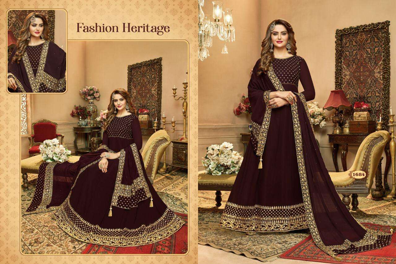 FLORENCE VOL-3 BY A.M. CREATION 1681 TO 1684 SERIES BEAUTIFUL STYLISH ANARKALI SUITS FANCY COLORFUL CASUAL WEAR & ETHNIC WEAR & READY TO WEAR FAUX GEORGETTE EMBROIDERED DRESSES AT WHOLESALE PRICE