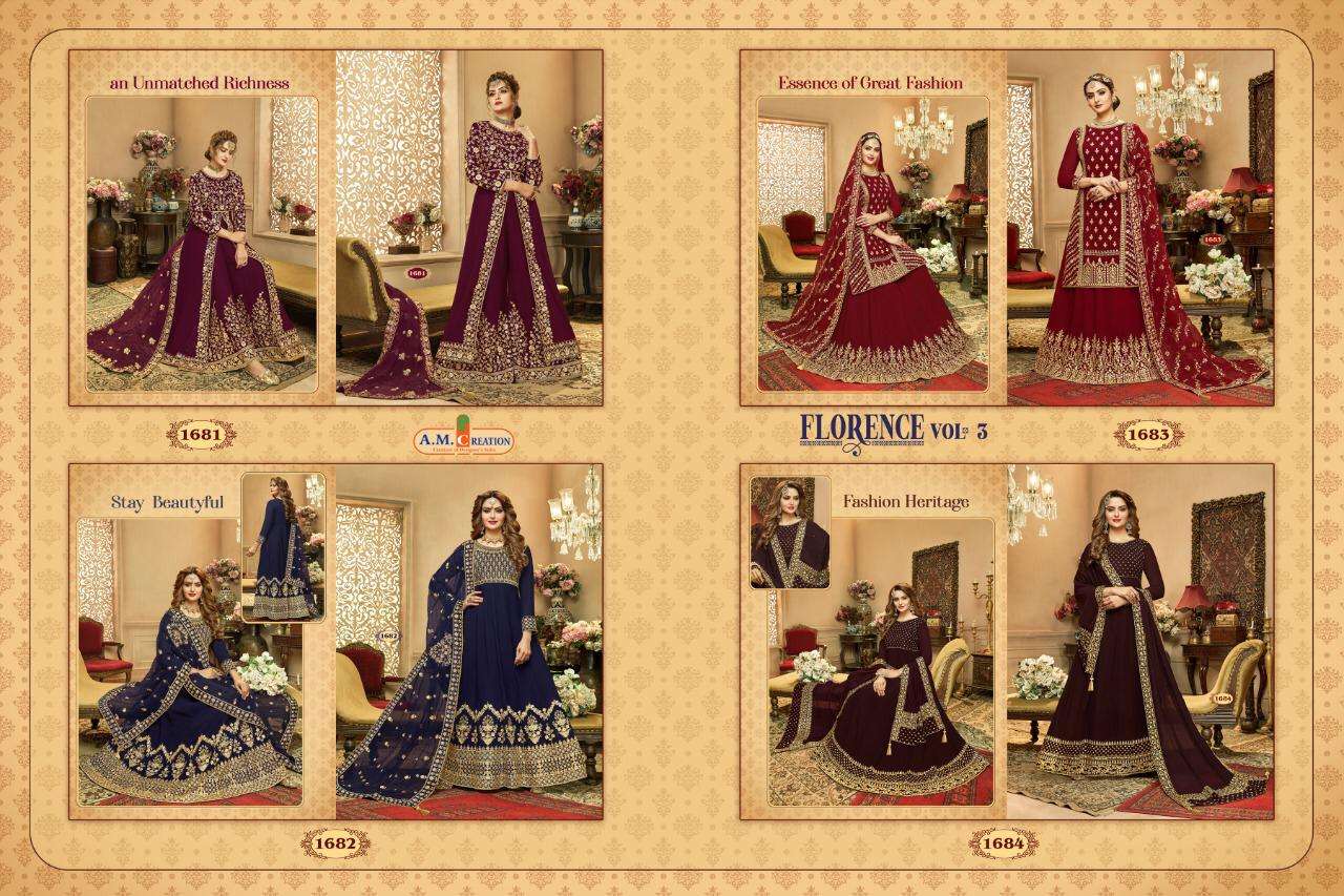 FLORENCE VOL-3 BY A.M. CREATION 1681 TO 1684 SERIES BEAUTIFUL STYLISH ANARKALI SUITS FANCY COLORFUL CASUAL WEAR & ETHNIC WEAR & READY TO WEAR FAUX GEORGETTE EMBROIDERED DRESSES AT WHOLESALE PRICE