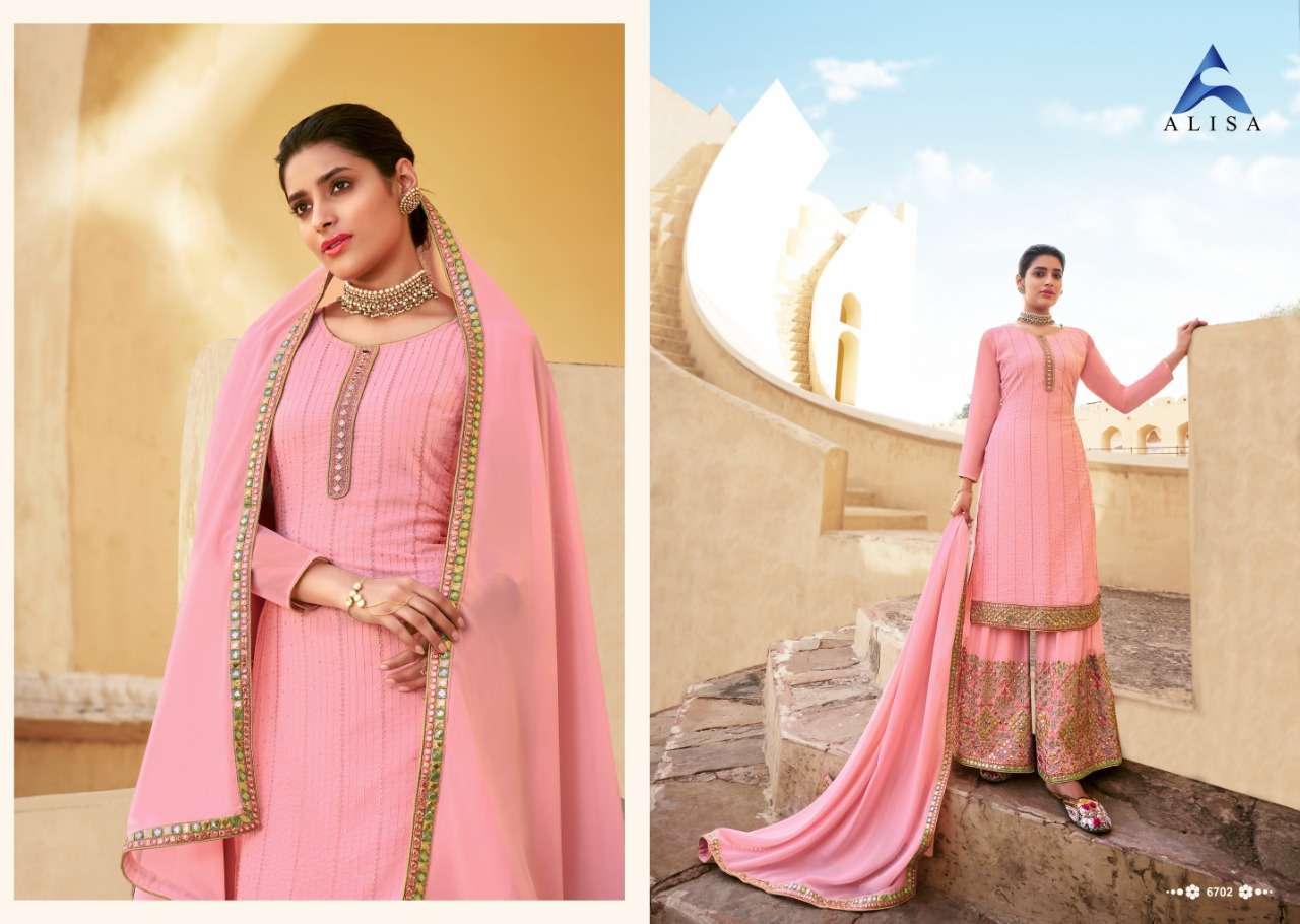 SATRANGI SARARA BY ALISA 6701 TO 6704 SERIES BEAUTIFUL STYLISH SHARARA SUITS FANCY COLORFUL CASUAL WEAR & ETHNIC WEAR & READY TO WEAR HEAVY FAUX GEORGETTE EMBROIDERED DRESSES AT WHOLESALE PRICE