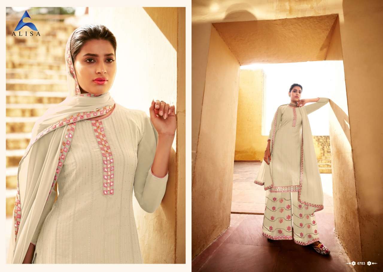 SATRANGI SARARA BY ALISA 6701 TO 6704 SERIES BEAUTIFUL STYLISH SHARARA SUITS FANCY COLORFUL CASUAL WEAR & ETHNIC WEAR & READY TO WEAR HEAVY FAUX GEORGETTE EMBROIDERED DRESSES AT WHOLESALE PRICE