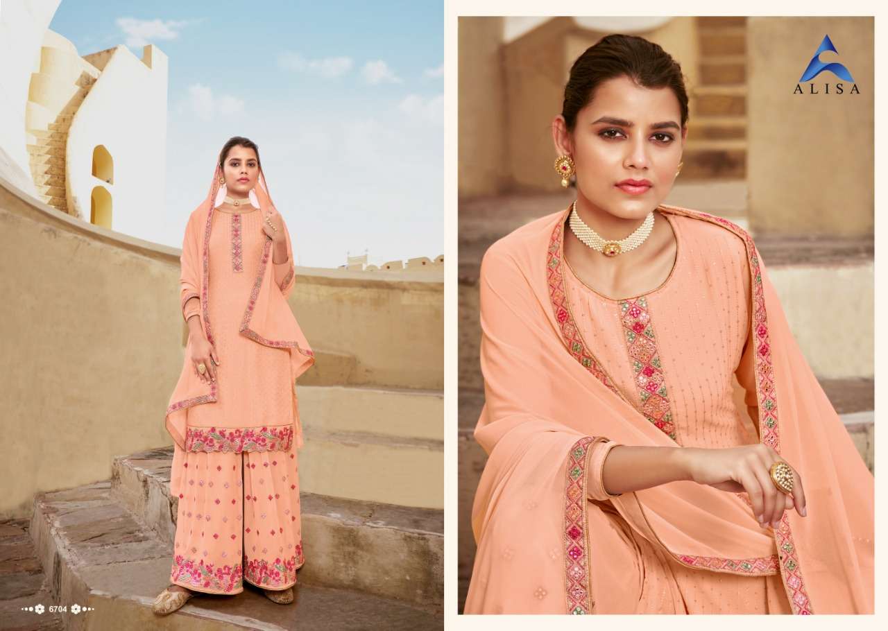 SATRANGI SARARA BY ALISA 6701 TO 6704 SERIES BEAUTIFUL STYLISH SHARARA SUITS FANCY COLORFUL CASUAL WEAR & ETHNIC WEAR & READY TO WEAR HEAVY FAUX GEORGETTE EMBROIDERED DRESSES AT WHOLESALE PRICE