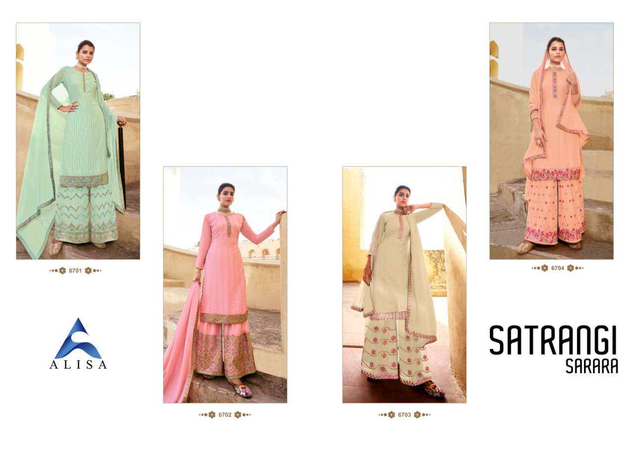 SATRANGI SARARA BY ALISA 6701 TO 6704 SERIES BEAUTIFUL STYLISH SHARARA SUITS FANCY COLORFUL CASUAL WEAR & ETHNIC WEAR & READY TO WEAR HEAVY FAUX GEORGETTE EMBROIDERED DRESSES AT WHOLESALE PRICE