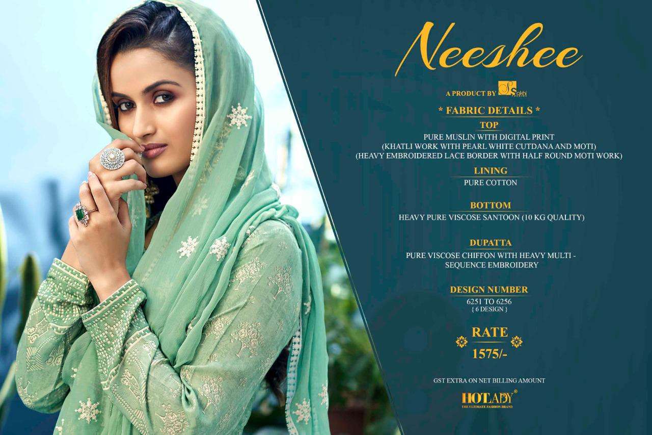 NEESHEE BY HOT LADY 6251 TO 6256 SERIES BEAUTIFUL SUITS COLORFUL STYLISH FANCY CASUAL WEAR & ETHNIC WEAR PURE MUSLIN DIGITAL PRINT WITH KHATLI WORK DRESSES AT WHOLESALE PRICE