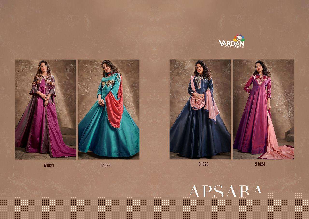 Apsara Vol-1 By Vardan Designer 51021 To 51024 Series Designer Stylish Fancy Colorful Beautiful Party Wear & Ethnic Wear Collection Triva Silk Embroidery Gowns With Dupatta At Wholesale Price