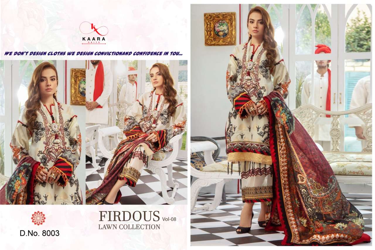 FIRDOUS LAWN COLLECTION VOL-8 BY KAARA SUITS 8001 TO 8006 SERIES BEAUTIFUL SUITS STYLISH FANCY COLORFUL PARTY WEAR & OCCASIONAL WEAR PURE COTTON PRINT WITH EMBROIDERY DRESSES AT WHOLESALE PRICE