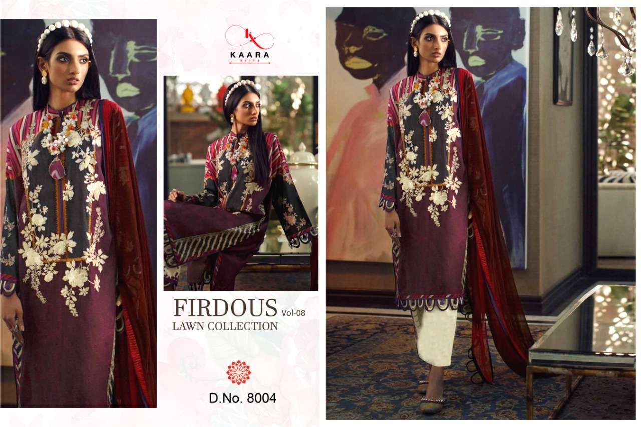 FIRDOUS LAWN COLLECTION VOL-8 BY KAARA SUITS 8001 TO 8006 SERIES BEAUTIFUL SUITS STYLISH FANCY COLORFUL PARTY WEAR & OCCASIONAL WEAR PURE COTTON PRINT WITH EMBROIDERY DRESSES AT WHOLESALE PRICE