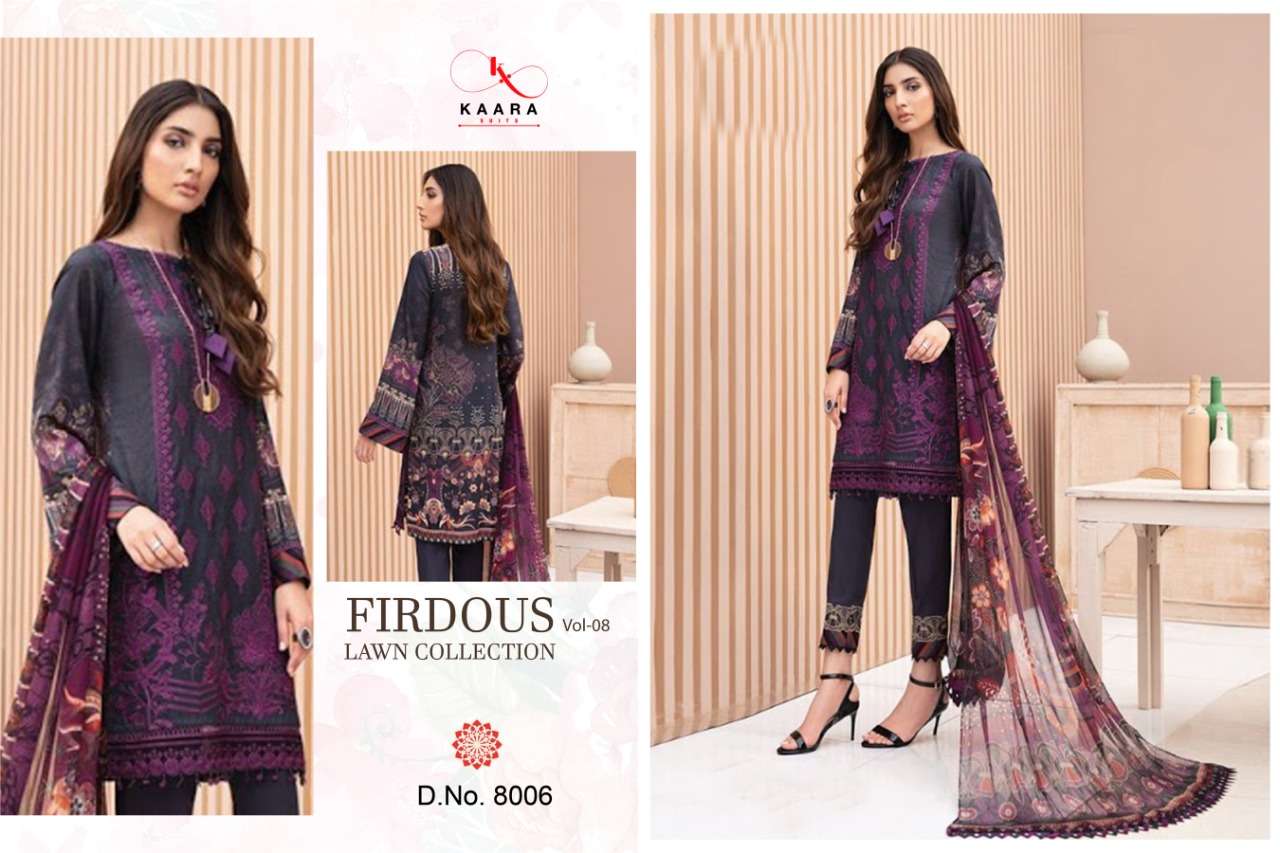 FIRDOUS LAWN COLLECTION VOL-8 BY KAARA SUITS 8001 TO 8006 SERIES BEAUTIFUL SUITS STYLISH FANCY COLORFUL PARTY WEAR & OCCASIONAL WEAR PURE COTTON PRINT WITH EMBROIDERY DRESSES AT WHOLESALE PRICE