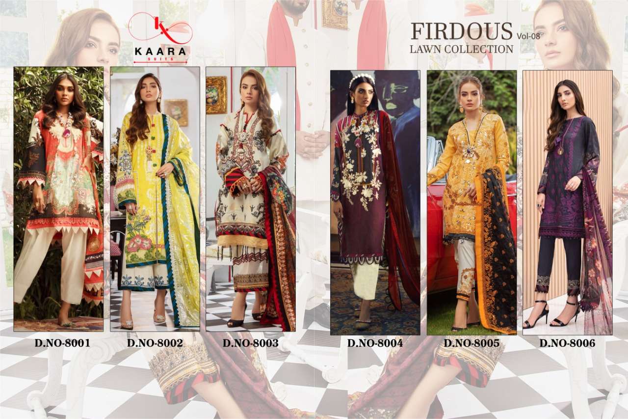 FIRDOUS LAWN COLLECTION VOL-8 BY KAARA SUITS 8001 TO 8006 SERIES BEAUTIFUL SUITS STYLISH FANCY COLORFUL PARTY WEAR & OCCASIONAL WEAR PURE COTTON PRINT WITH EMBROIDERY DRESSES AT WHOLESALE PRICE