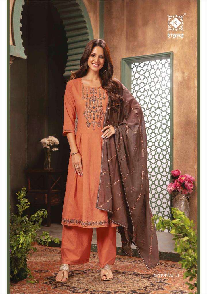 SENORITA BY KIANA 01 TO 08 SERIES BEAUTIFUL SUITS COLORFUL STYLISH FANCY CASUAL WEAR & ETHNIC WEAR PURE COTTON CHIKAN WORK DRESSES AT WHOLESALE PRICE