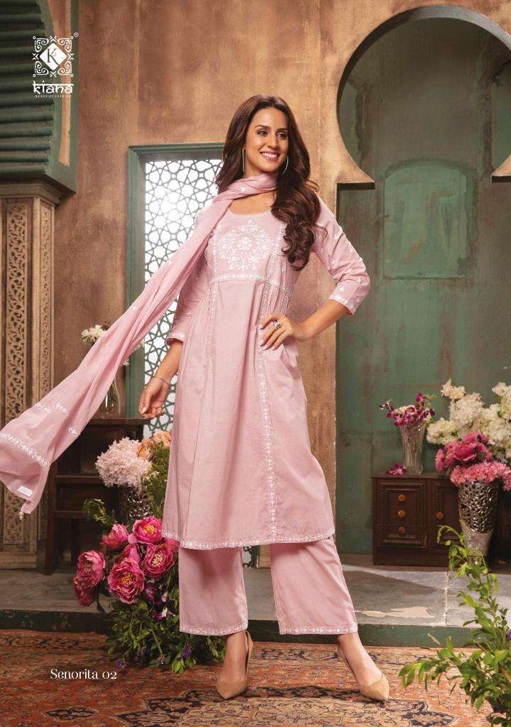SENORITA BY KIANA 01 TO 08 SERIES BEAUTIFUL SUITS COLORFUL STYLISH FANCY CASUAL WEAR & ETHNIC WEAR PURE COTTON CHIKAN WORK DRESSES AT WHOLESALE PRICE