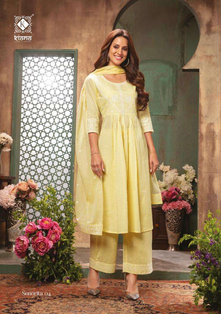SENORITA BY KIANA 01 TO 08 SERIES BEAUTIFUL SUITS COLORFUL STYLISH FANCY CASUAL WEAR & ETHNIC WEAR PURE COTTON CHIKAN WORK DRESSES AT WHOLESALE PRICE