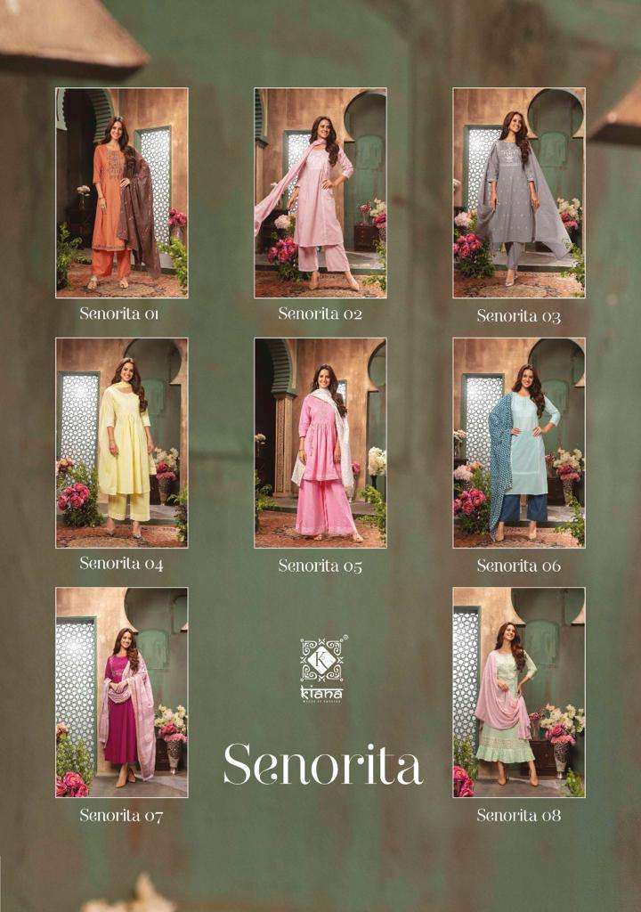 SENORITA BY KIANA 01 TO 08 SERIES BEAUTIFUL SUITS COLORFUL STYLISH FANCY CASUAL WEAR & ETHNIC WEAR PURE COTTON CHIKAN WORK DRESSES AT WHOLESALE PRICE