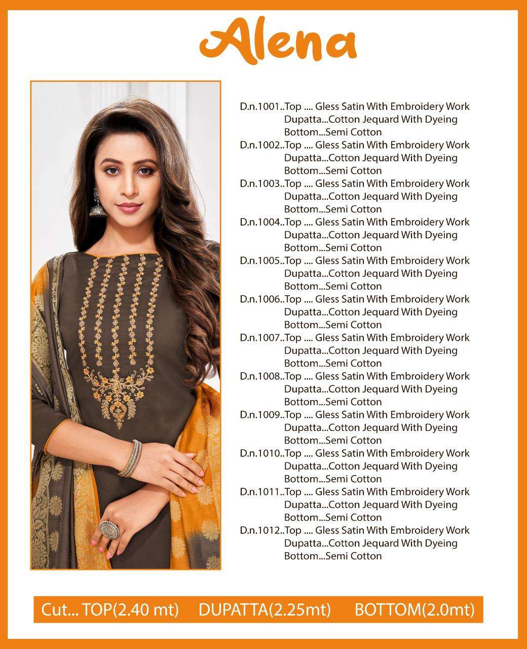 ALENA BY SHAGUN LIFESTYLE 1001 TO 1012 SERIES BEAUTIFUL SUITS COLORFUL STYLISH FANCY CASUAL WEAR & ETHNIC WEAR GLACE SATIN EMBROIDERED DRESSES AT WHOLESALE PRICE