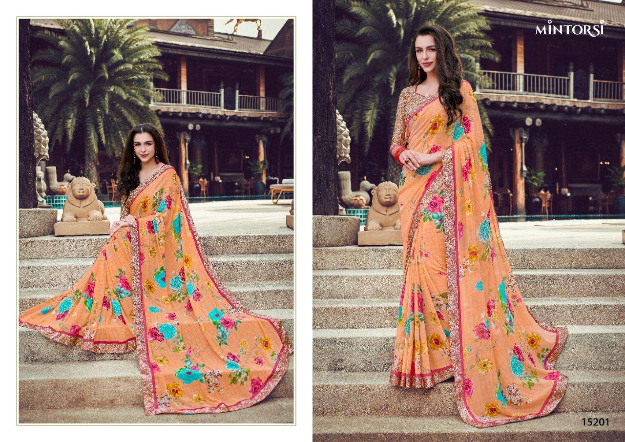 BRINDA BY MINTORSI INDIAN TRADITIONAL WEAR COLLECTION BEAUTIFUL STYLISH FANCY COLORFUL PARTY WEAR & OCCASIONAL WEAR GEORGETTE PRINT SAREES AT WHOLESALE PRICE