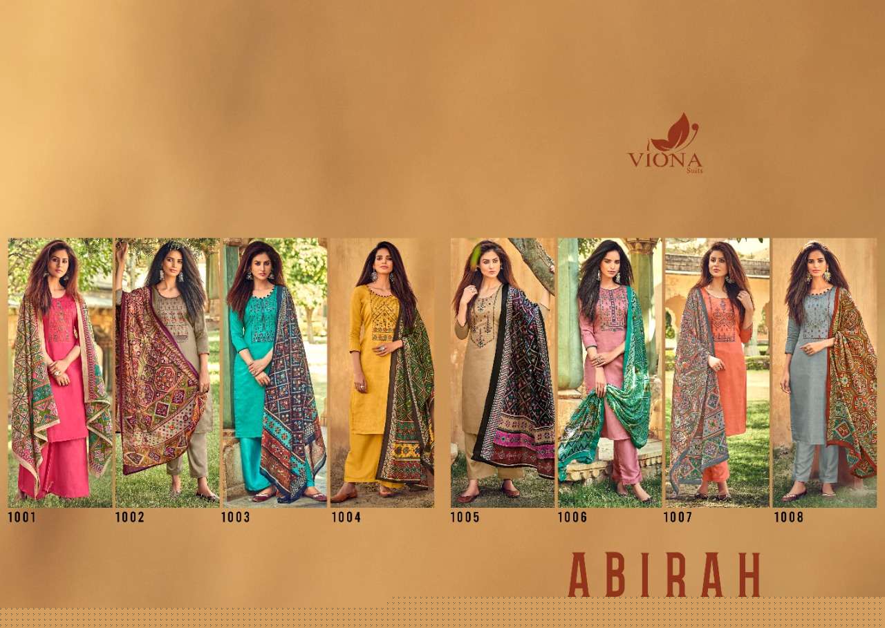 ABIRAH BY VIONA SUITS 1001 TO 1008 SERIES BEAUTIFUL SUITS COLORFUL STYLISH FANCY CASUAL WEAR & ETHNIC WEAR PURE JAM COTTON SATIN PRINT EMBROIDERED DRESSES AT WHOLESALE PRICE