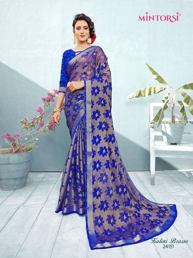 KALINI BRASSO BY MINTORSI 24151 TO 24158 SERIES INDIAN TRADITIONAL WEAR COLLECTION BEAUTIFUL STYLISH FANCY COLORFUL PARTY WEAR & OCCASIONAL WEAR CHIFFON BRASSO SAREES AT WHOLESALE PRICE