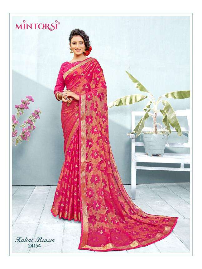 KALINI BRASSO BY MINTORSI 24151 TO 24158 SERIES INDIAN TRADITIONAL WEAR COLLECTION BEAUTIFUL STYLISH FANCY COLORFUL PARTY WEAR & OCCASIONAL WEAR CHIFFON BRASSO SAREES AT WHOLESALE PRICE