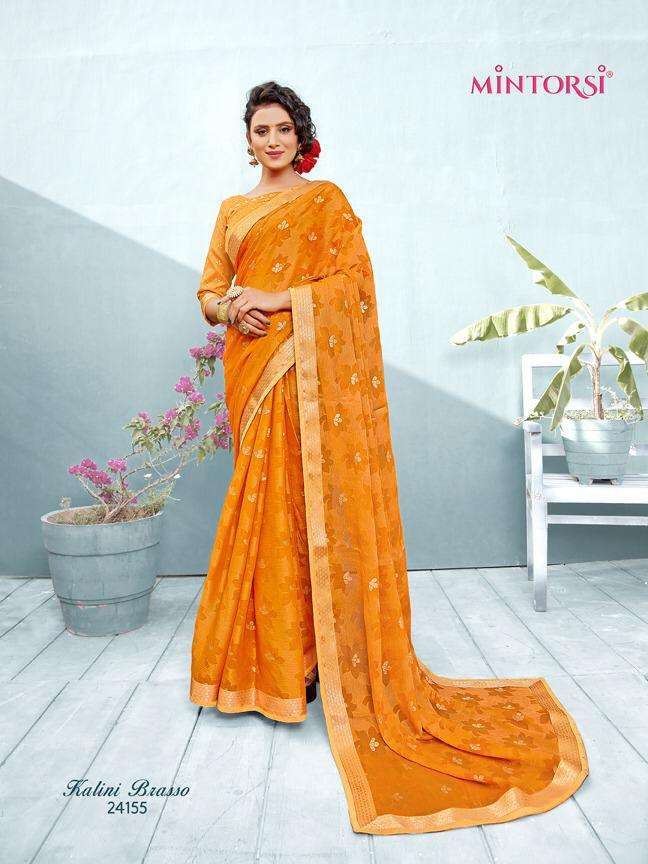 KALINI BRASSO BY MINTORSI 24151 TO 24158 SERIES INDIAN TRADITIONAL WEAR COLLECTION BEAUTIFUL STYLISH FANCY COLORFUL PARTY WEAR & OCCASIONAL WEAR CHIFFON BRASSO SAREES AT WHOLESALE PRICE