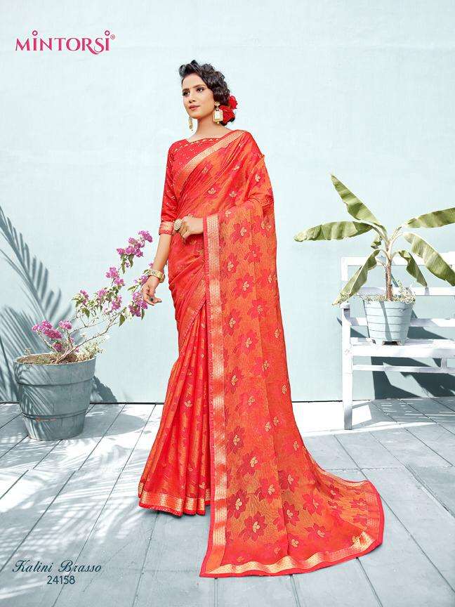 KALINI BRASSO BY MINTORSI 24151 TO 24158 SERIES INDIAN TRADITIONAL WEAR COLLECTION BEAUTIFUL STYLISH FANCY COLORFUL PARTY WEAR & OCCASIONAL WEAR CHIFFON BRASSO SAREES AT WHOLESALE PRICE
