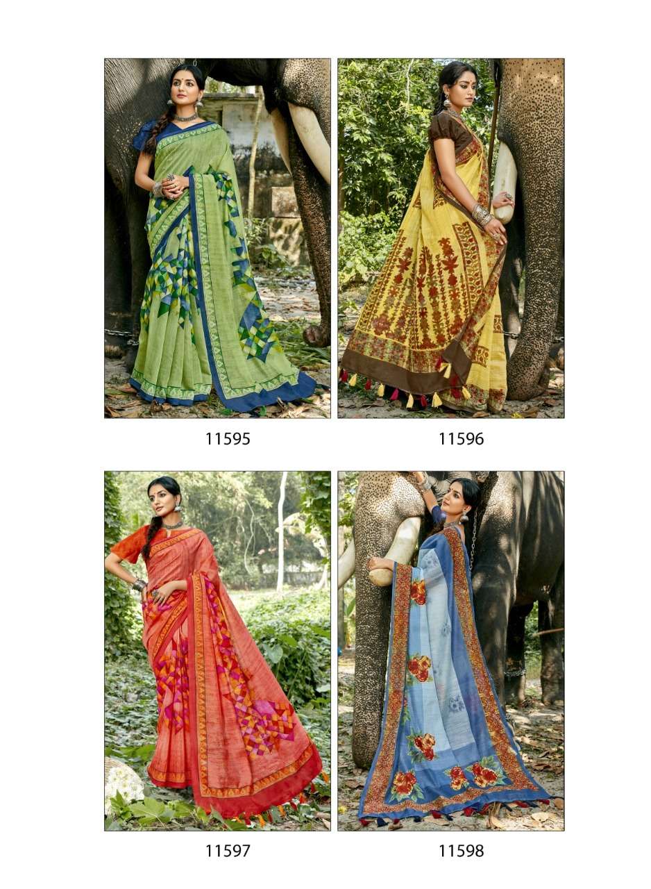 COCKTAIL BY TRIVENI 11591 TO 11598 SERIES INDIAN TRADITIONAL WEAR COLLECTION BEAUTIFUL STYLISH FANCY COLORFUL PARTY WEAR & OCCASIONAL WEAR LINEN PRINT SAREES AT WHOLESALE PRICE