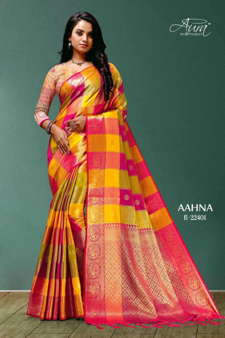 AAHNA BY AURA 22401 TO 22409 SERIES INDIAN TRADITIONAL WEAR COLLECTION BEAUTIFUL STYLISH FANCY COLORFUL PARTY WEAR & OCCASIONAL WEAR SOFT SILK SAREES AT WHOLESALE PRICE