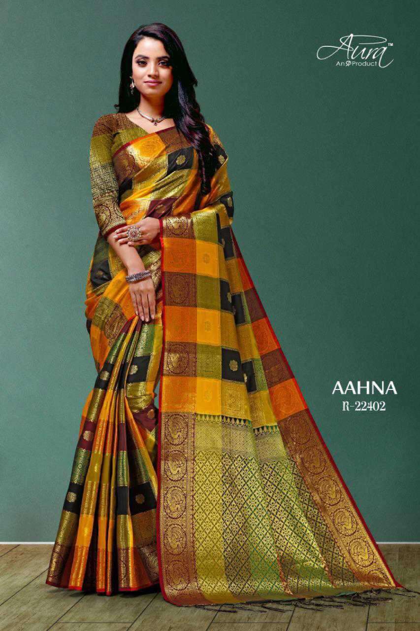 AAHNA BY AURA 22401 TO 22409 SERIES INDIAN TRADITIONAL WEAR COLLECTION BEAUTIFUL STYLISH FANCY COLORFUL PARTY WEAR & OCCASIONAL WEAR SOFT SILK SAREES AT WHOLESALE PRICE
