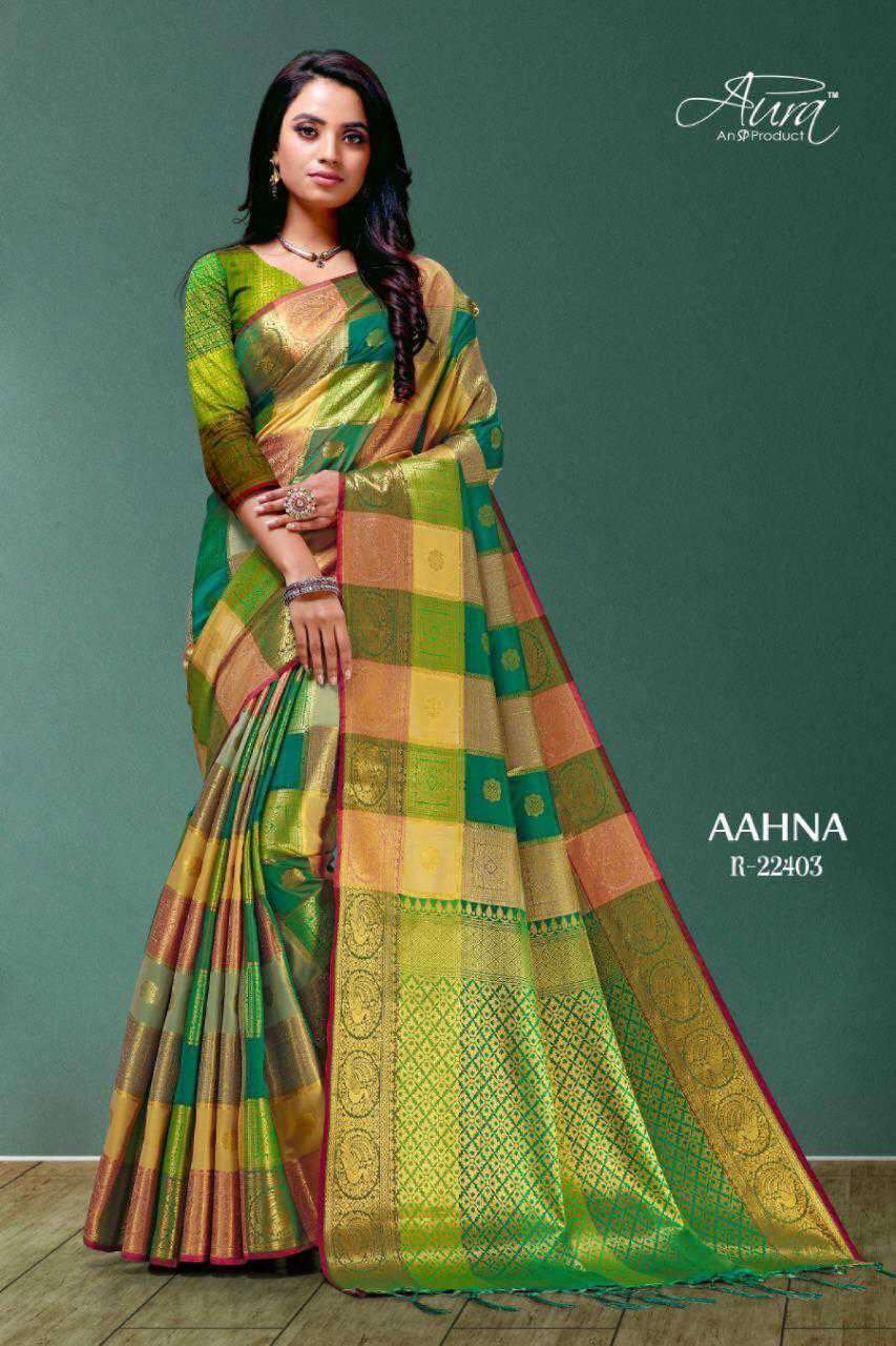 AAHNA BY AURA 22401 TO 22409 SERIES INDIAN TRADITIONAL WEAR COLLECTION BEAUTIFUL STYLISH FANCY COLORFUL PARTY WEAR & OCCASIONAL WEAR SOFT SILK SAREES AT WHOLESALE PRICE