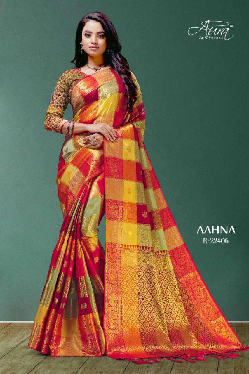AAHNA BY AURA 22401 TO 22409 SERIES INDIAN TRADITIONAL WEAR COLLECTION BEAUTIFUL STYLISH FANCY COLORFUL PARTY WEAR & OCCASIONAL WEAR SOFT SILK SAREES AT WHOLESALE PRICE